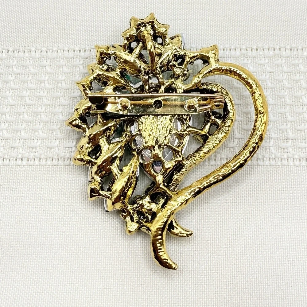 Green Floral Brooch Lapel Pin Rhinestone Crystal Glass Heart Teardrop Spray